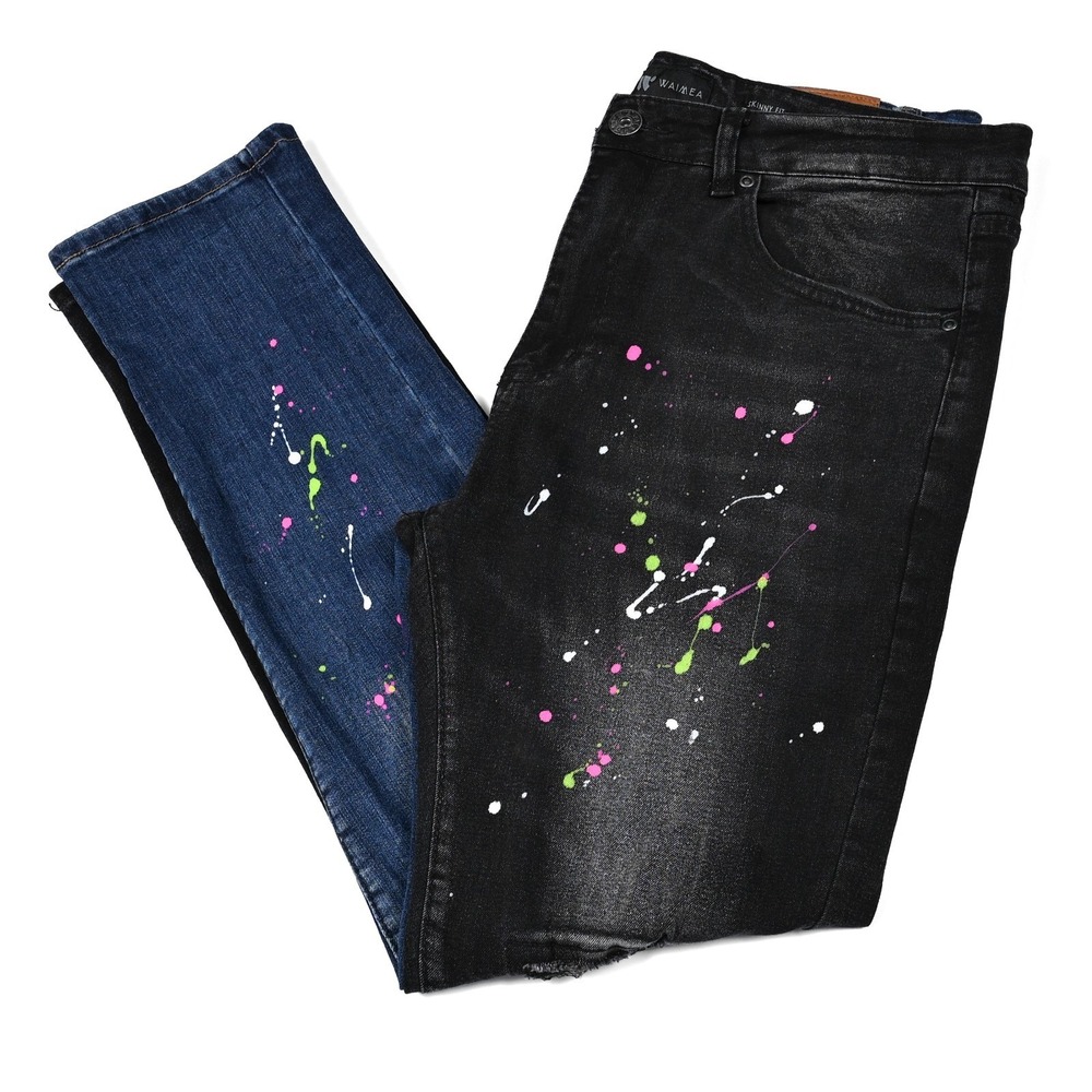 Waimea Jeans Mens 34x32 Black Blue Paint Splatter Distressed‎ Skinny Fit Denim